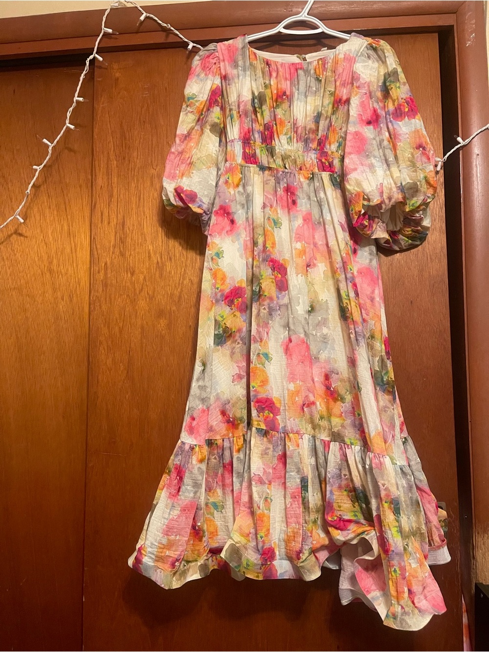 Floral Puff Sleeve Midi Dress - Watercolor Pink & Yellow